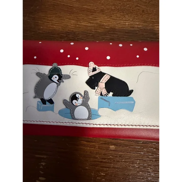 Radley London Red Leather Wallet Penguin Dog Appliqué Slim Bifold Zip Coin Purse - Picture 2 of 8